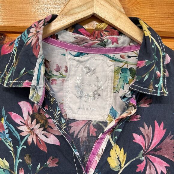 Cino Navy Cotton Floral button-down Shirt Size Large Roll Tab Sleeves - Picture 2 of 5